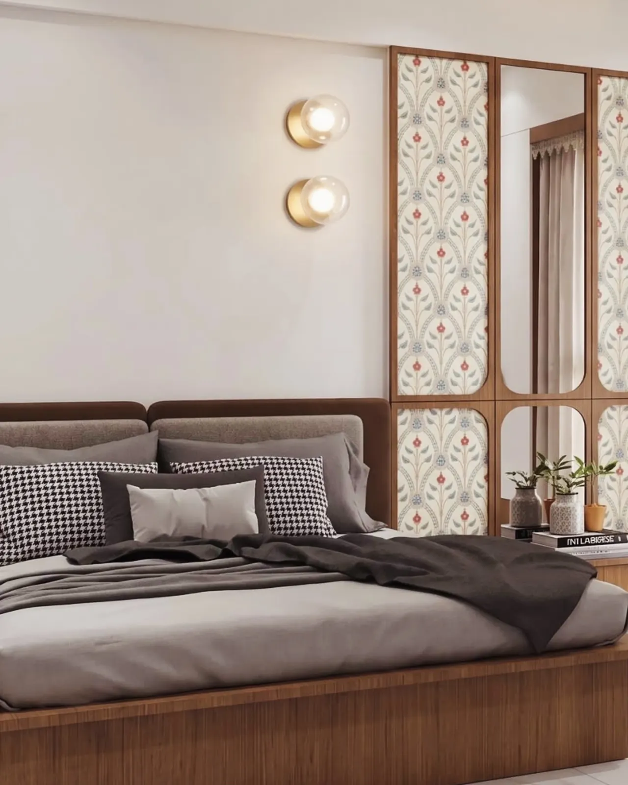 Bedroom with upholstered headboard and floral panelled wardrobe with mirrors