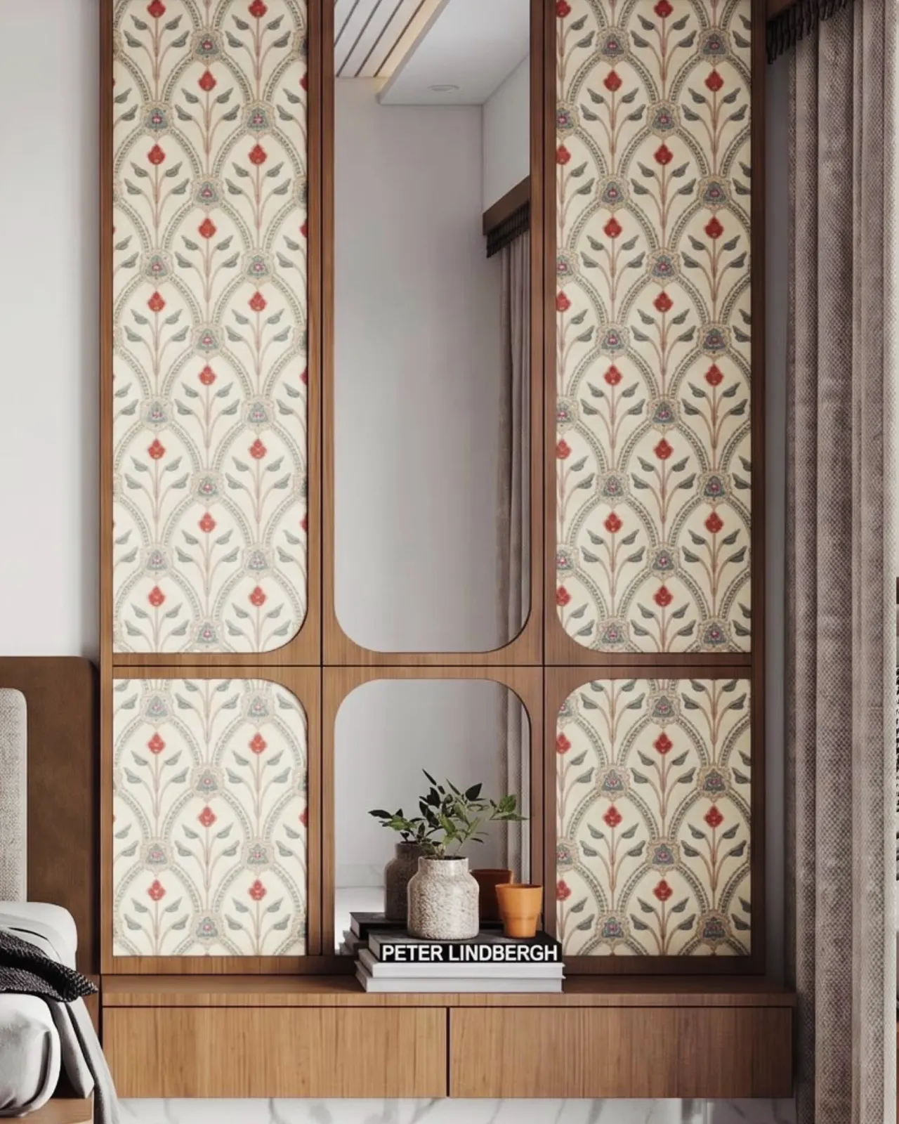 Floral wallpaper panels framed in timber with arched mirror inserts