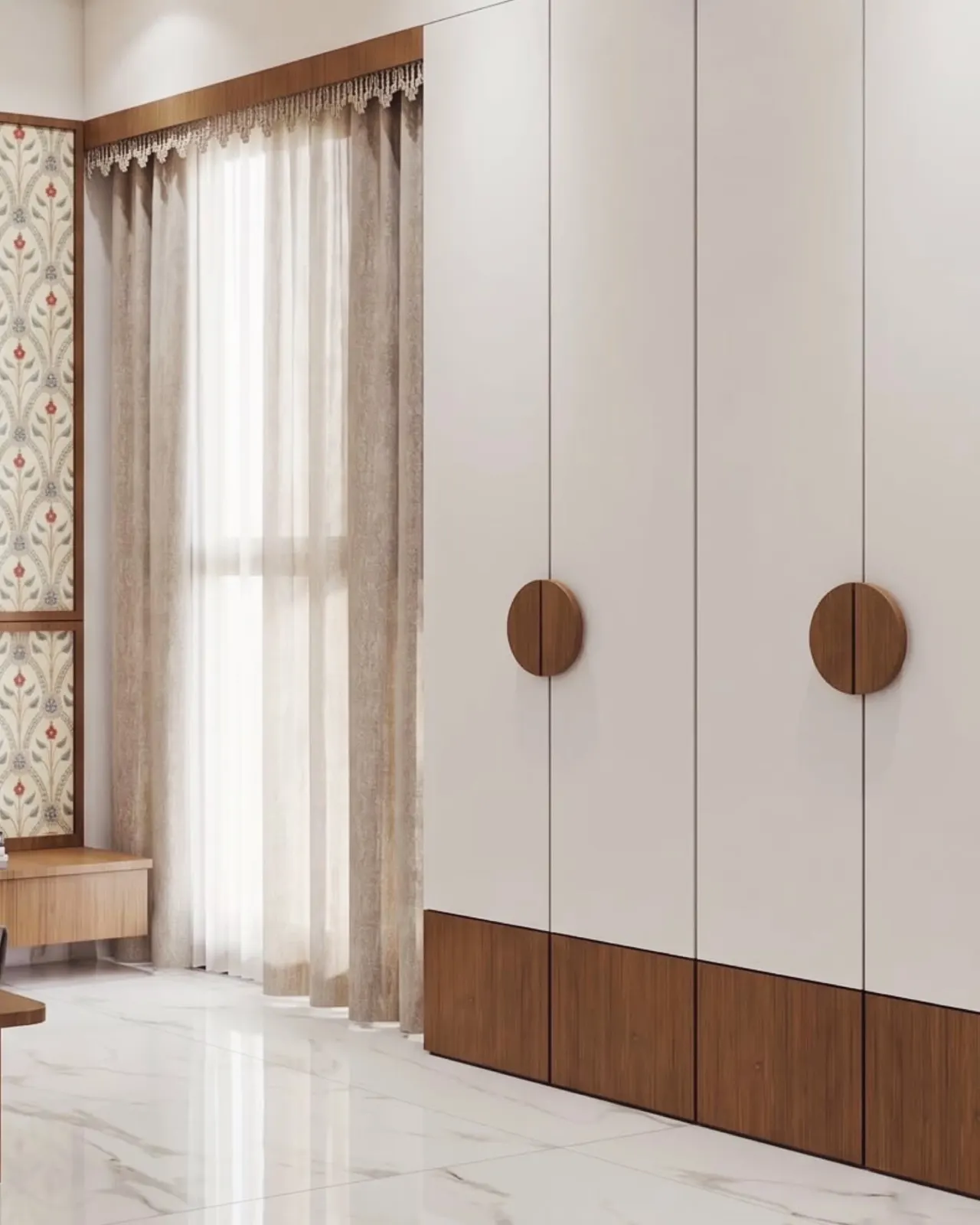Wardrobe with round timber handles beside sheer curtains