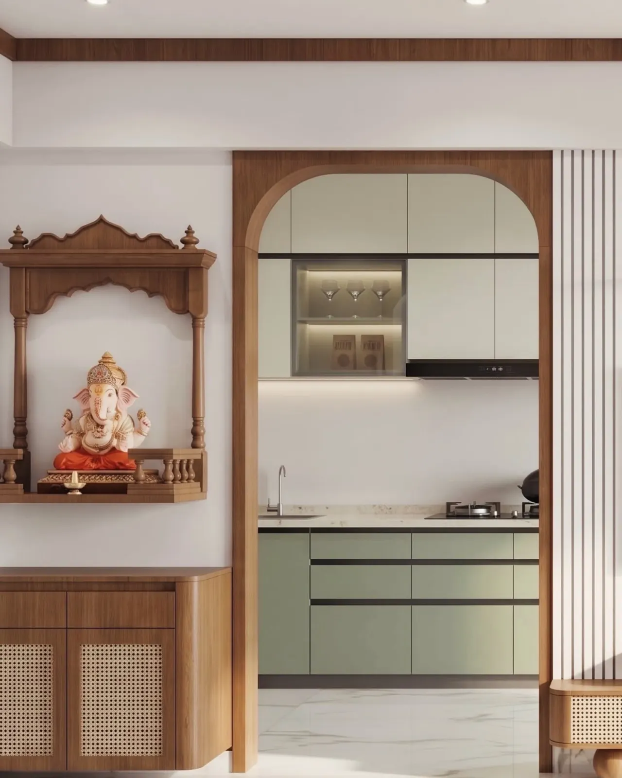 Timber arch opening to a sage-green kitchen beside a pooja niche