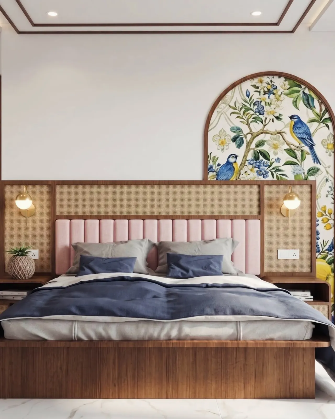 Bedroom with pink fluted headboard, cane panels and arched bird mural