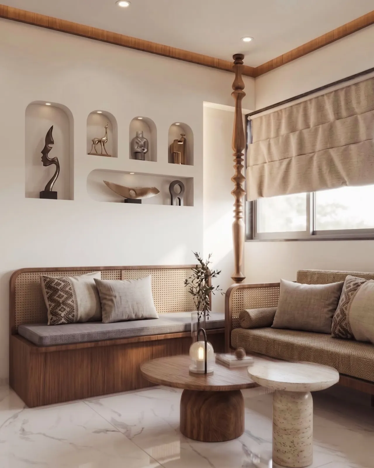 Living room with cane-back seating, arched niches and a turned timber column