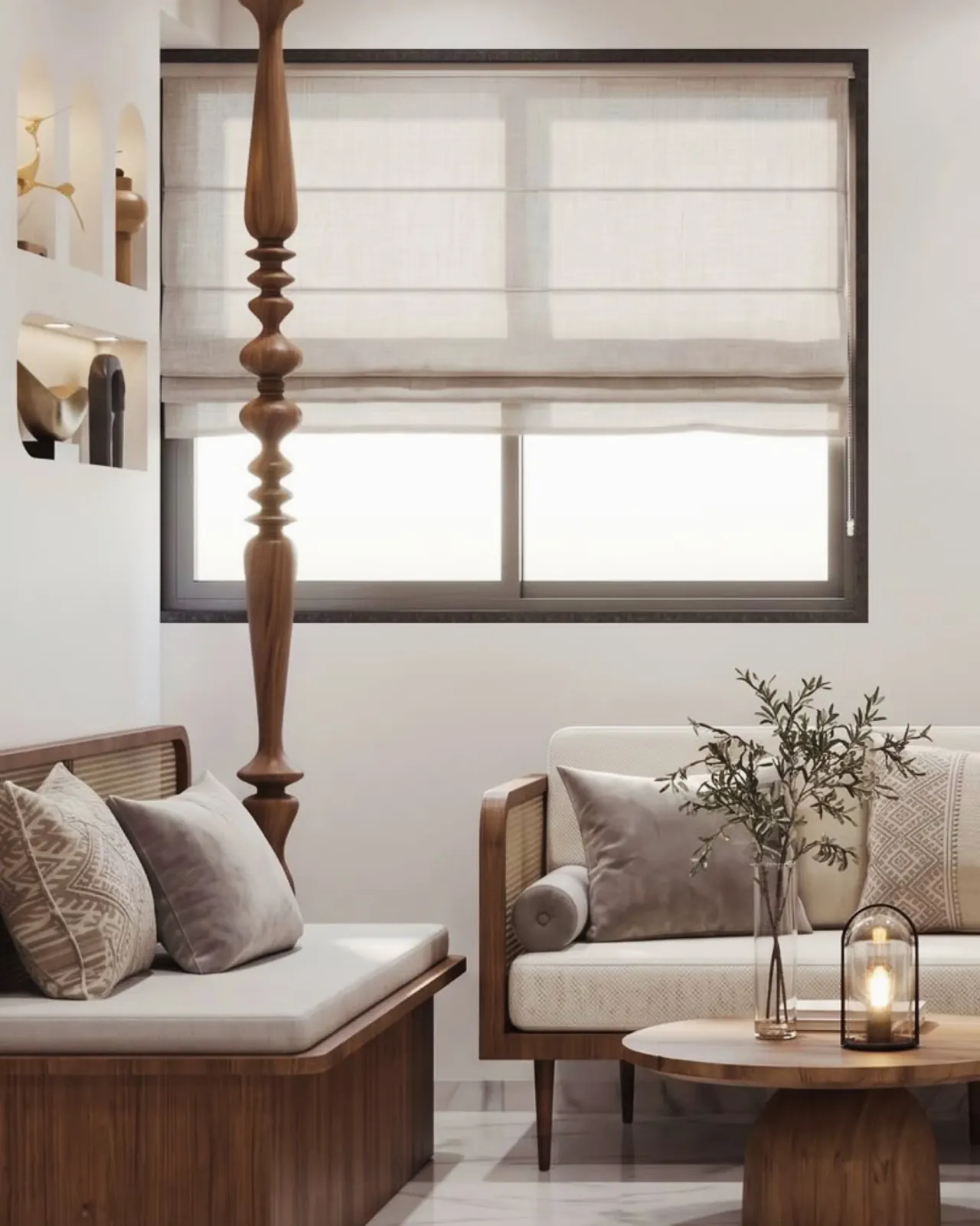 Window seating with a turned timber column and roman blind