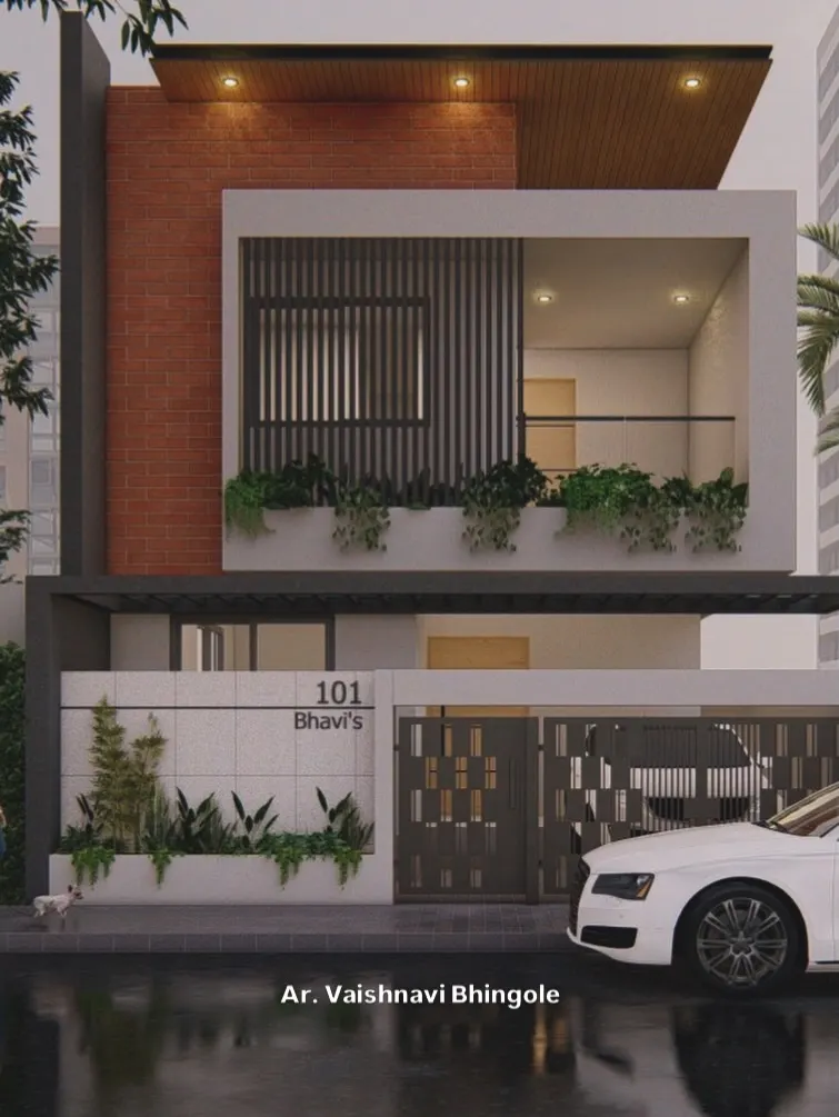 Residence facade with vertical screen, planters and perforated gate