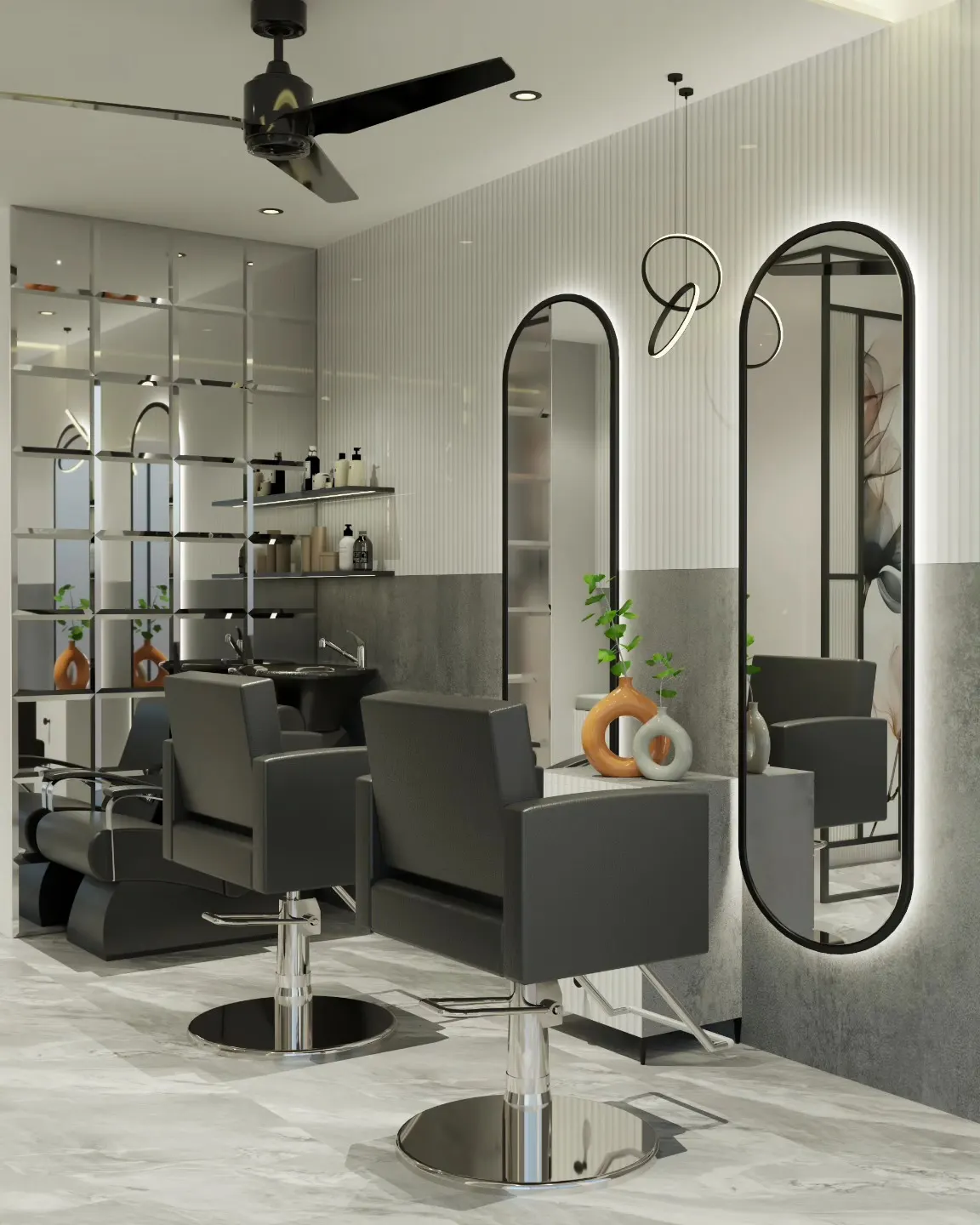 Salon interior with two backlit oval mirrors and styling chairs