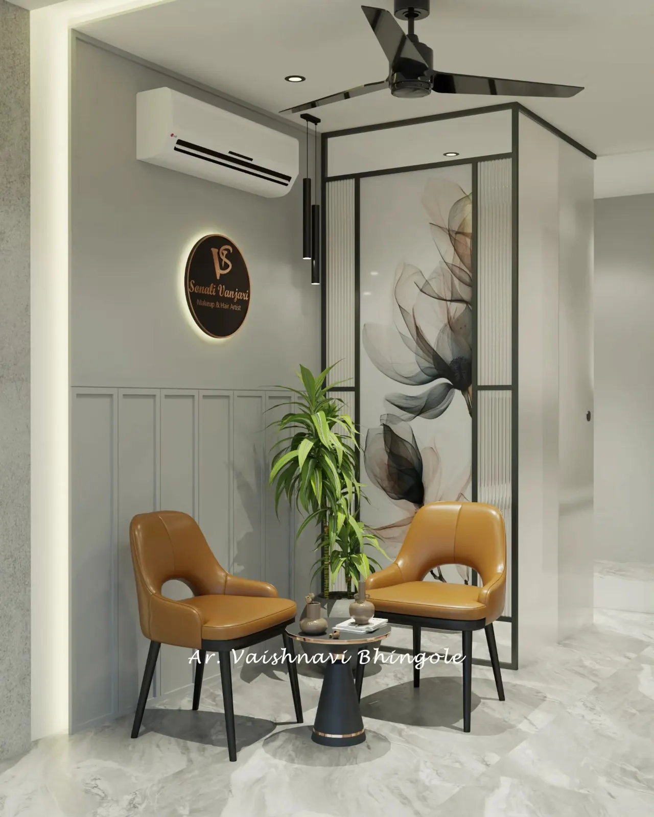 Reception seating corner with tan chairs and a fluted glass panel